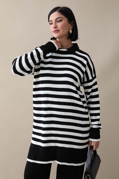 InStyle Shirt Collar Striped Black Knitwear Set