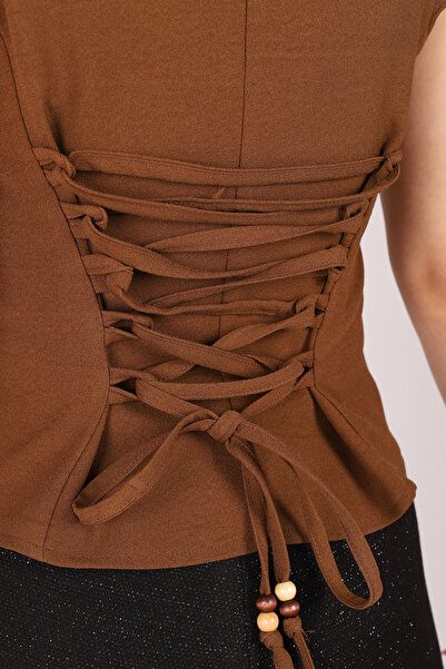 armonika Women's Dark Khaki Square Collar Linen Look Vest with Lace-Up Detail on the Back Arm-25Y001089