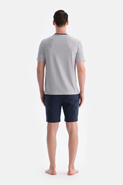 Eros Lacivert Kısa Kollu Cep Ve Nakış Detaylı Tişört Pantolon Pijama Takımı