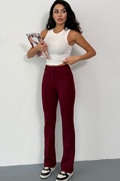 THIFF GYMWEAR Krep Kumaş Likralı Önü Çimalı Bordo Kadın Palazzo Pantolon