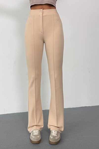 THIFF GYMWEAR Dámské kalhoty Palazzo z krepové tkaniny Lycra s trávou na přední straně v béžové barvě