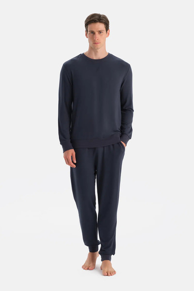 Eros Синій трикотажний комплект піжами з довгими рукавами, швами та стрічками