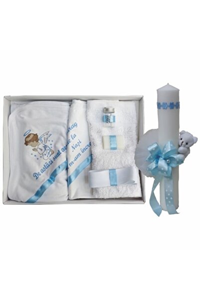 OEM Set Botez din Trusou cu 6 piese cu Ingeras pe Bleu si Lumanare lungime 35...