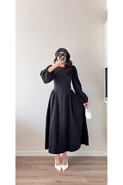 Genel Markalar Sırt kuşaklı bağlamalı balon kol uzun elbise