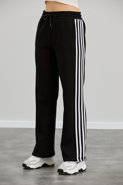 Sortie Women's Regular Fit Elastic Waist Side Stripe Wide Leg Three Thread Ribbed Black Color Sweatpants