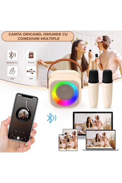 Timebox Set de boxe karaoke Bluetooth 5.0 cu 2 microfoane wireless, multifuncțional, 4 schimbări vocale magice