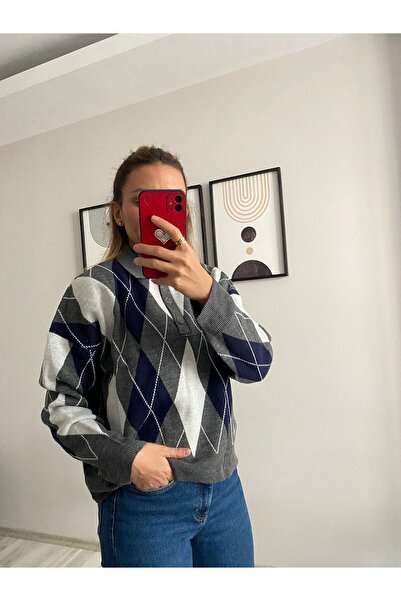 Askı Nişantaşı Navy Blue - Gray Polo Neck Three Button Diamond Patterned Knitwear