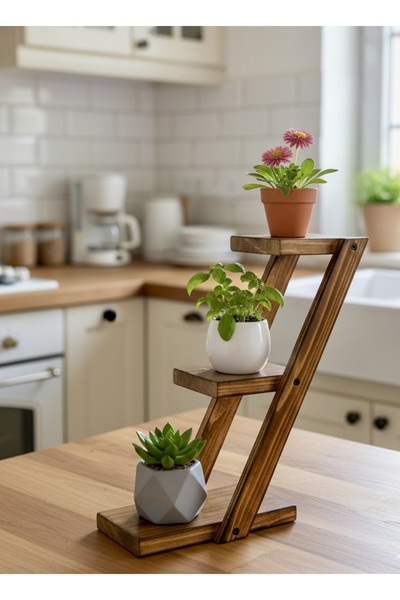 BY AHŞAP DEKOR Dekoratif Ahşap 3 Katlı Bitki Standı