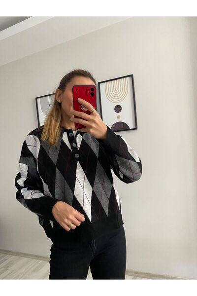 Askı Nişantaşı Black - Gray Polo Neck Three Button Diamond Patterned Knitwear