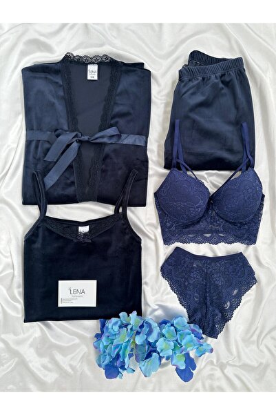 Lena Homewears Σετ γυναικείες πιτζάμες Navy Blue Εσώρουχα Velvet Morning Wear