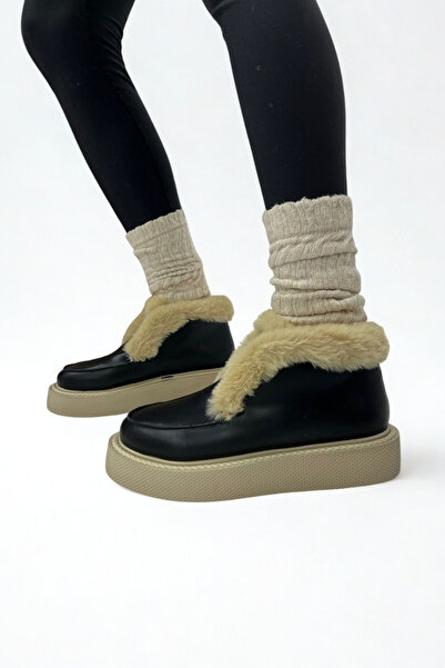 inizio Μαύρα δερμάτινα γούνινα γυναικεία μποτάκια V4266