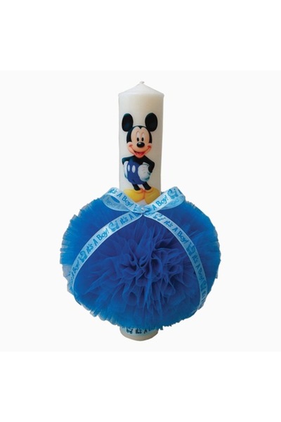 OEM Lumanare Botez baietel diametrul 6 cm lungime 35 cm cu poza lui Mickey si pom-pon albastru, bogat
