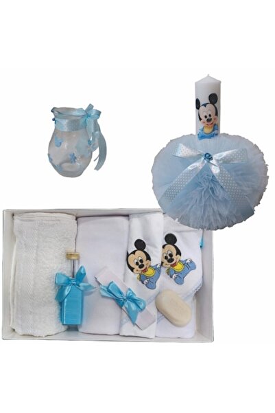 OEM Set Botez din Trusou 7 piese cu Mickey Bebe, Lumanare lungime 35 cm si Canta ornate pe alb cu bleu