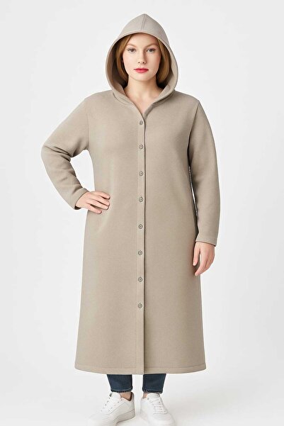 MAY MARA BÜYÜK BEDEN YANDAN CEPLİ KAPŞONLU ÇITÇITLI UZUN FERACE