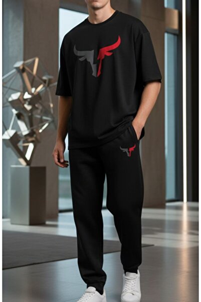REBRAND Black T-Shirt Set - Printed Top and Bottom Tracksuit Suit Oversize