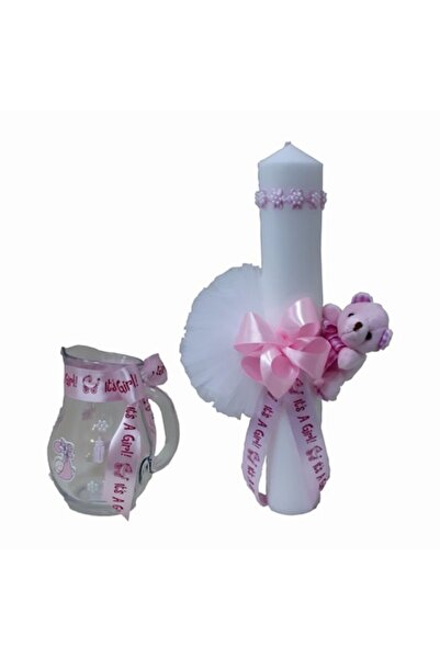 OEM Set Botez format din Lumânare groasă, lungime 35 cm ornată cu ursuleț și ...