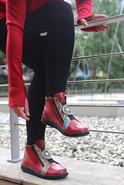 İNZE AYAKKABI Kırmızı Renk Hakiki Deri Bot - Model Adı: Münih