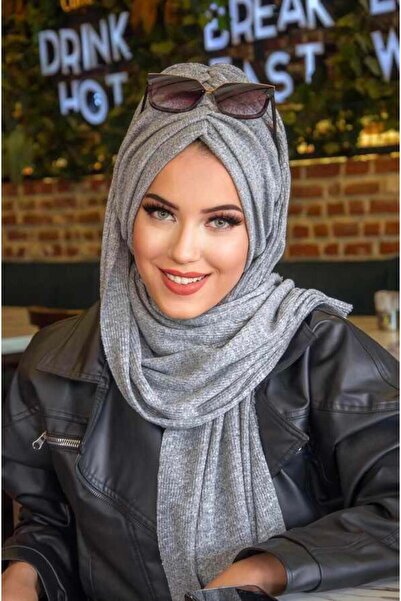 Aişe tesettür Gri Triko Büzgülü Hazır Şal