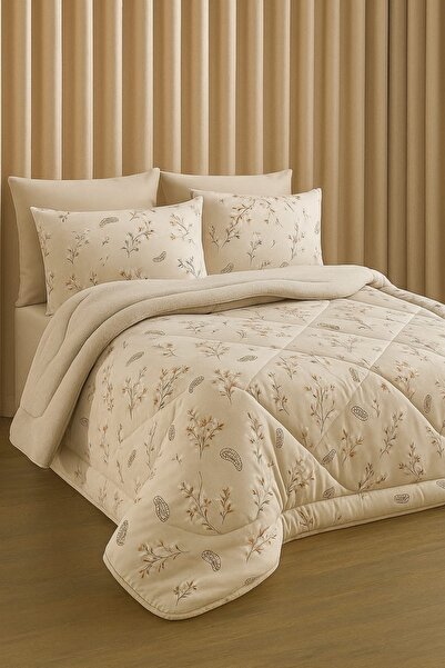 DAMIEN Çift Kişilik Welsoft Yorgan Uyku Seti Bej Etnik | Lastikli Çarşaflı | Çeyiz Seti | Çeyiz Takımı |