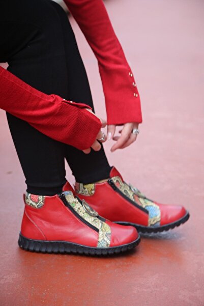 İNZE AYAKKABI Kırmızı Renk Hakiki Deri Bot - Model Adı: Münih