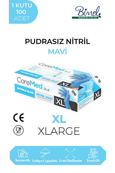 COREMED Nitril Mavi Pudrasız Muayene Eldiveni XL - 1 Paket 100 lü