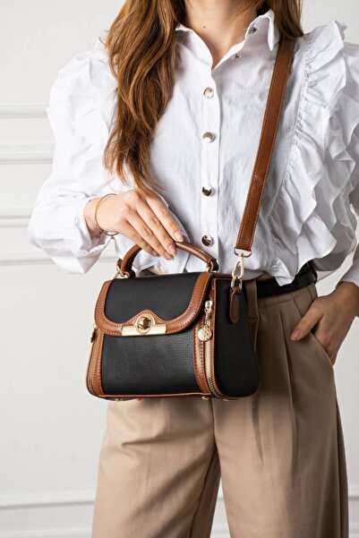 Classbag Черна и кафява висококачествена дамска чанта с много отделения и рам...