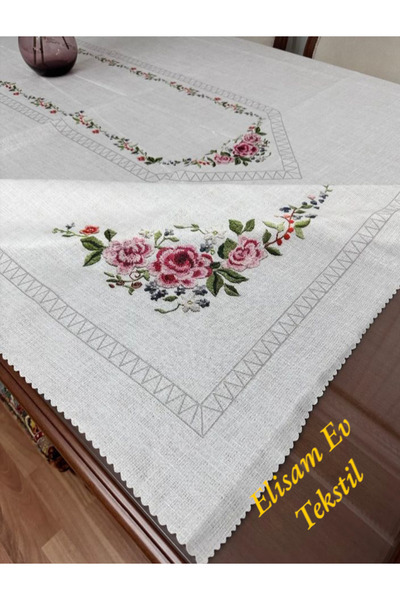 Home مفرش طاولة مقاوم للبقع (مع غرز متقاطعة على شكل زهور)