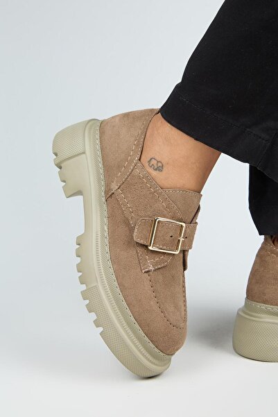 Manijero Gloria Women's Genuine Leather Loafer Belted Buckle Mink Suede Shoes