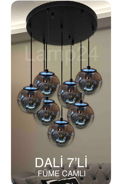 Lamp24 Dali Serisi 7’li Füme Glop Camlı Modern Avize - Tepsi Yuvarlaktır