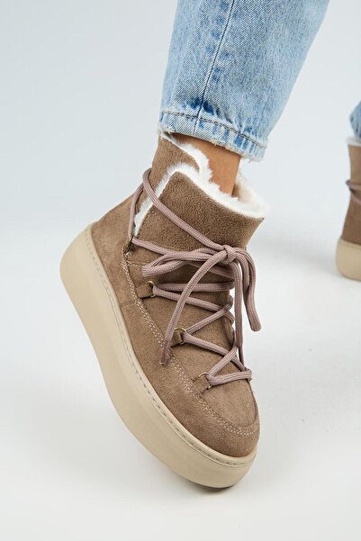 Manijero Haven Kadın Hakiki Deri Bağcıklı Içi Kürklü Vizon Bot