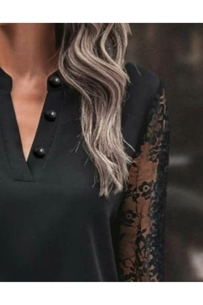 MADAMNİZ Γυναικεία μπλούζα με μακρυμάνικο λαιμόκοψη με λεπτομέρεια με κορδόνια στο μανίκι από κρεπ