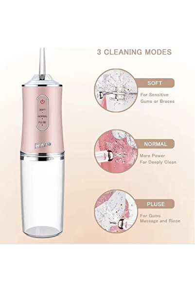 Razo Irigator Oral Portabil USB, 4 capete de curatare, 220 ml, Roz
