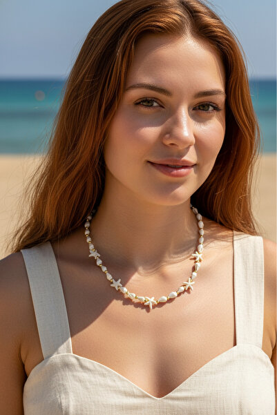 Birmem Kadın Beyaz Deniz Kabuğu ve Deniz Yıldızı Figürlü Gold Detaylı El Yapı...