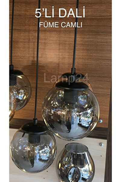Lamp24 Dali Serisi 5’li Füme Glop Camlı Modern Avize - Yuvarlak Tepsili