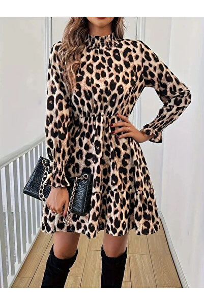 ARONA Women's Long Sleeve Half Turtleneck Leopard Print Modal Mini Dress