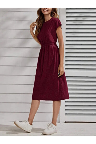 ARONA Γυναικείο κοντομάνικο φόρεμα μίντι βισκόζης με λαιμόκοψη και ελαστική μέση