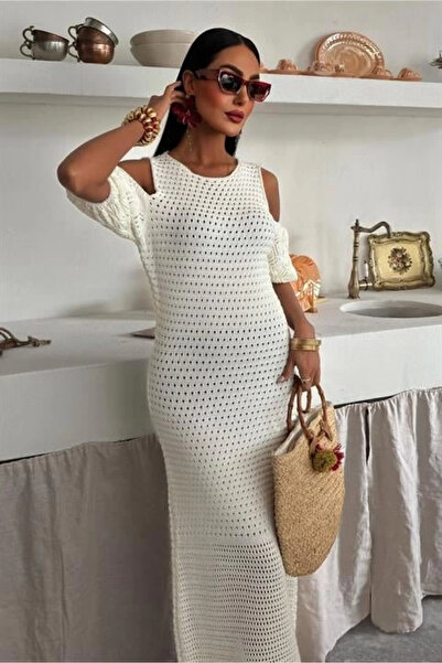 Lijuri Shoulder Detailed Hem Tasseled Knitwear Dress 2862