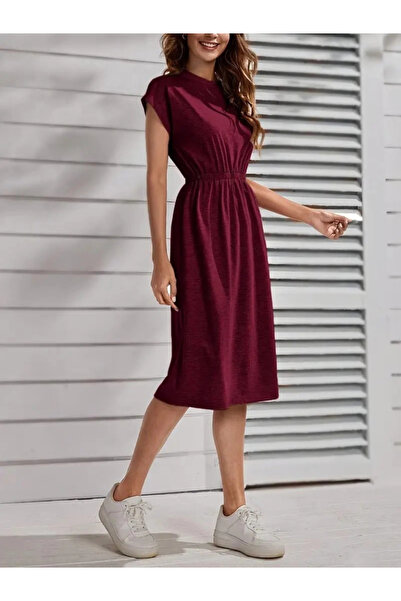 ARONA Γυναικείο κοντομάνικο φόρεμα μίντι βισκόζης με λαιμόκοψη και ελαστική μέση