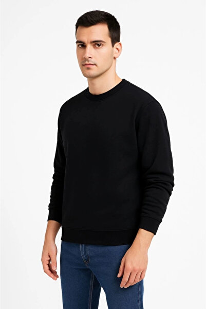 ELLA Men's Three Thread Plain Crew Neck Sweatshirt - Black