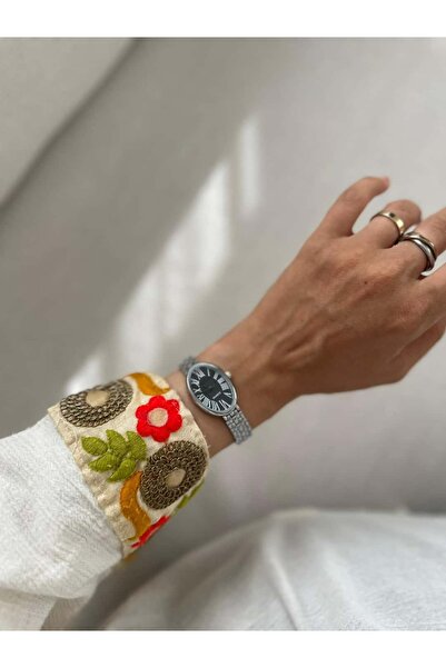 MERW ساعة يد نسائية معدنية من سلسلة روزز موديل فضي أسود اللون