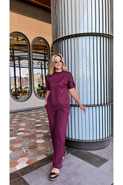 ARONA Women's Short Sleeve Crew Neck Shoulder Buttoned Viscose Two Thread Short Blouse and Pants Set of Two