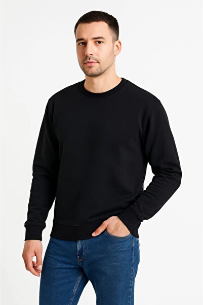 ELLA Men's Three Thread Plain Crew Neck Sweatshirt - Black