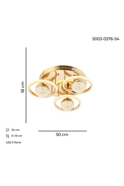 Luence Serhat Avize Elya 3’lü Gold LED Plafonyer Avize – 3 Renk Işıklı, Modern Tasarım