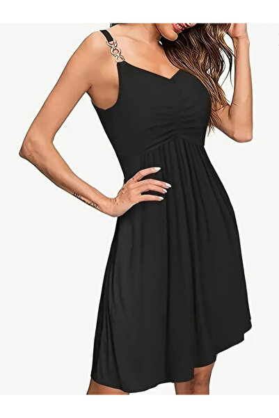 BÜŞRA TEZEL MODA Γυναικείο κοντό φόρεμα βισκόζης με λουράκι V λαιμόκοψη