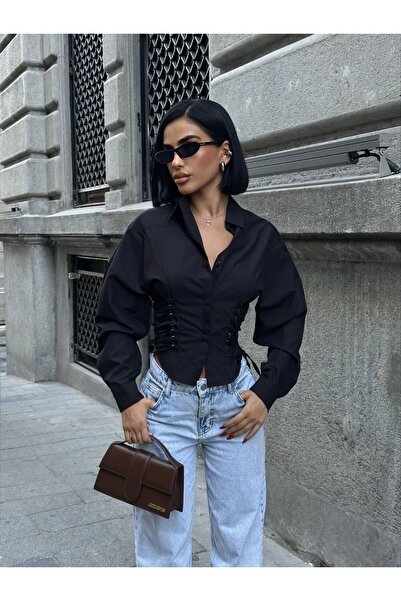 SEVENLINE Γυναικείο πουκάμισο από ποπλίνα με κορσέ και λεπτομέρεια με κορδόνια