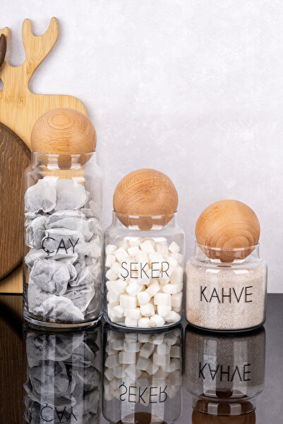 DNS HOME 3-Piece Tea Sugar Coffee Jar Set with Wooden Lid and Label Glass Jar Set Storage Container 1300-800-500 ml