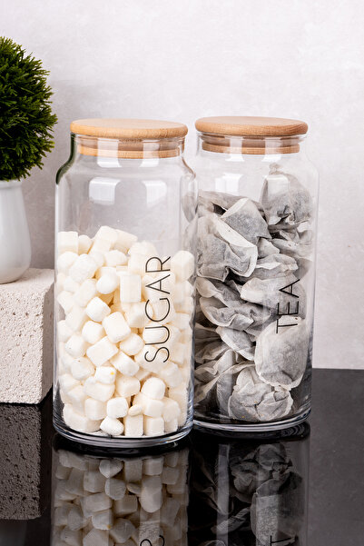 DNS HOME 2-Piece Wooden Vacuum Lid Transparent English Label Tea Candy Storage Container Glass Jar 1300ml