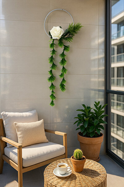 MACROMEKİDS El Yapımı Demir Kasnak Bohem Duvar Süsü – Yapay Çiçekli Jüt Ipli Balkon & Hediyelik Dekor