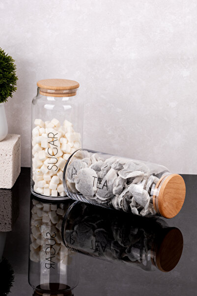 DNS HOME 2-Piece Wooden Vacuum Lid Transparent English Label Tea Candy Storage Container Glass Jar 1300ml