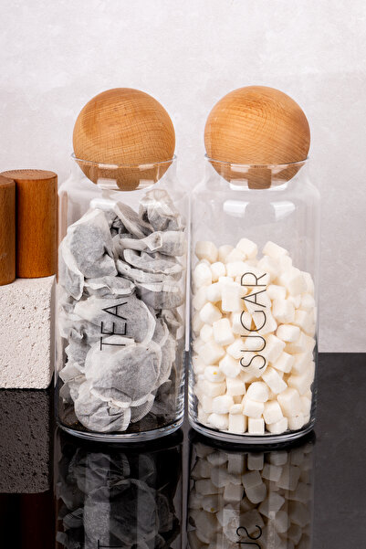 DNS HOME Set of 2 Glass Jars with Wooden Ball Lids Transparent Labeled Tea Sugar Storage Container 1300 ml